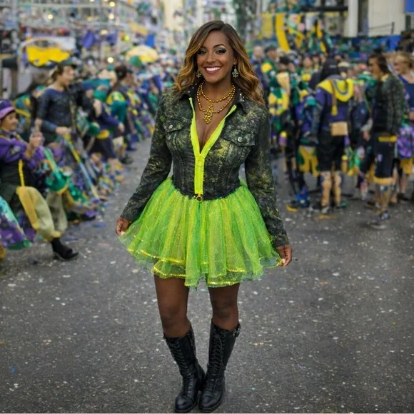 Custom Vibrant Mardi Gras Green and Black Denim American Bazi Jacket, Size: Lg - Picture 3 of 10